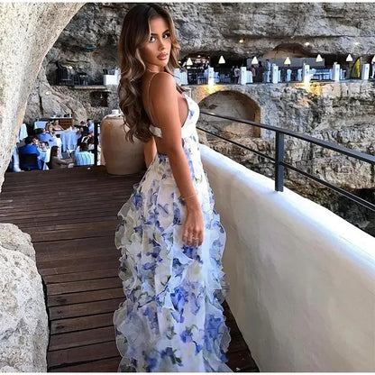 Robe de bal sirène sexy à bretelles spaghetti, dos nu, bleue à fleurs, AB2196