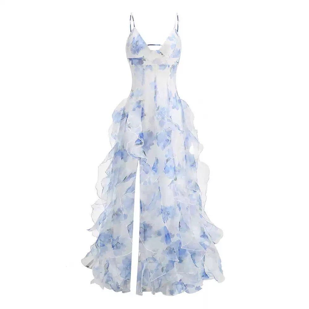 Robe de bal sirène sexy à bretelles spaghetti, dos nu, bleue à fleurs, AB2196