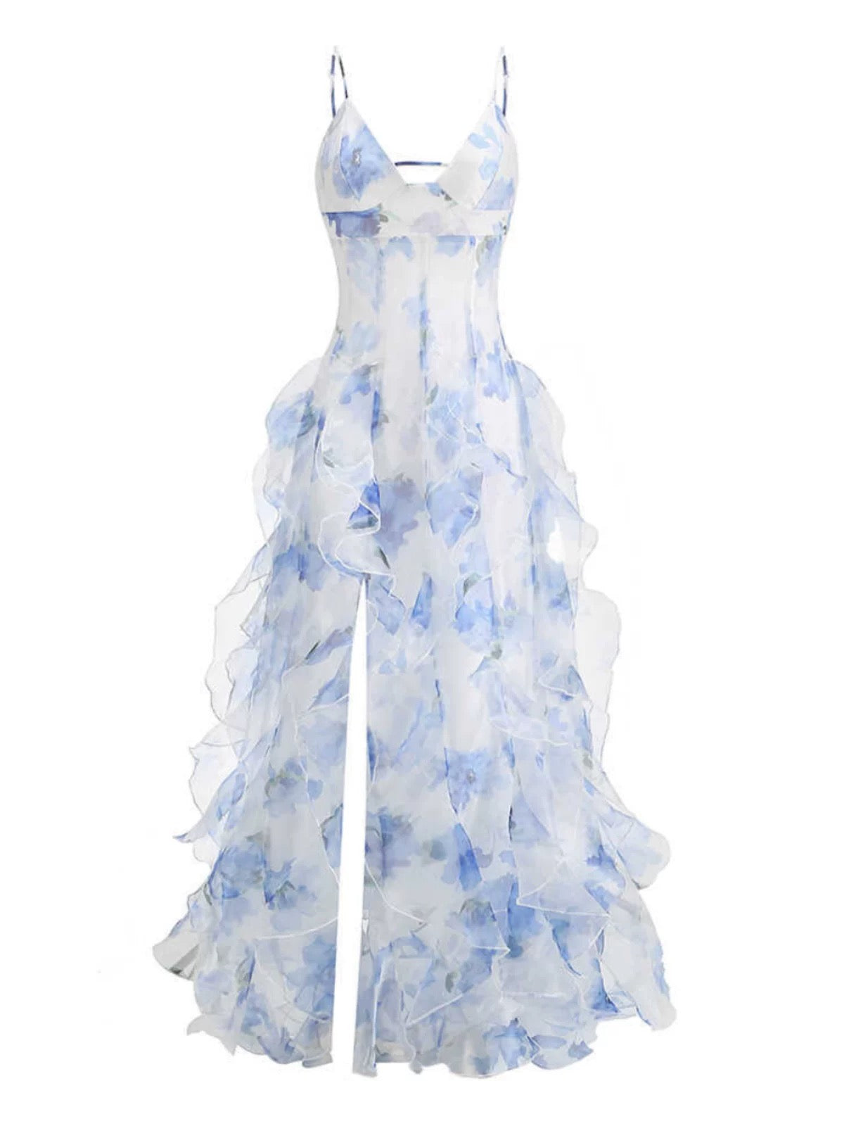 Robe de bal sirène sexy à bretelles spaghetti, dos nu, bleue à fleurs, AB2196