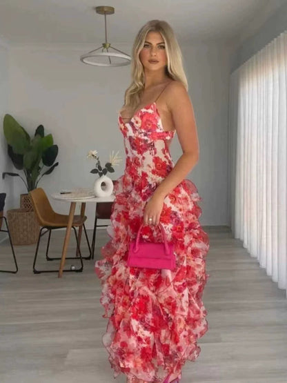 Robe de bal sirène sexy à bretelles spaghetti, dos nu, bleue à fleurs, AB2196