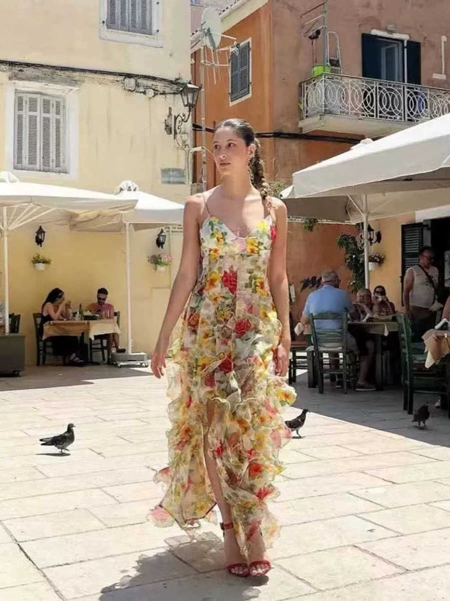 Robe de bal sirène sexy à bretelles spaghetti, dos nu, bleue à fleurs, AB2196