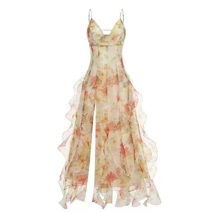 Robe de bal sirène sexy à bretelles spaghetti, dos nu, bleue à fleurs, AB2196