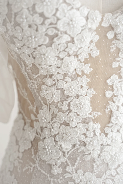 Zeitloses weißes Meerjungfrauen-Brautkleid mit Herzausschnitt, Ärmeln und Spitzenapplikationen für die Braut (Modell AC001)