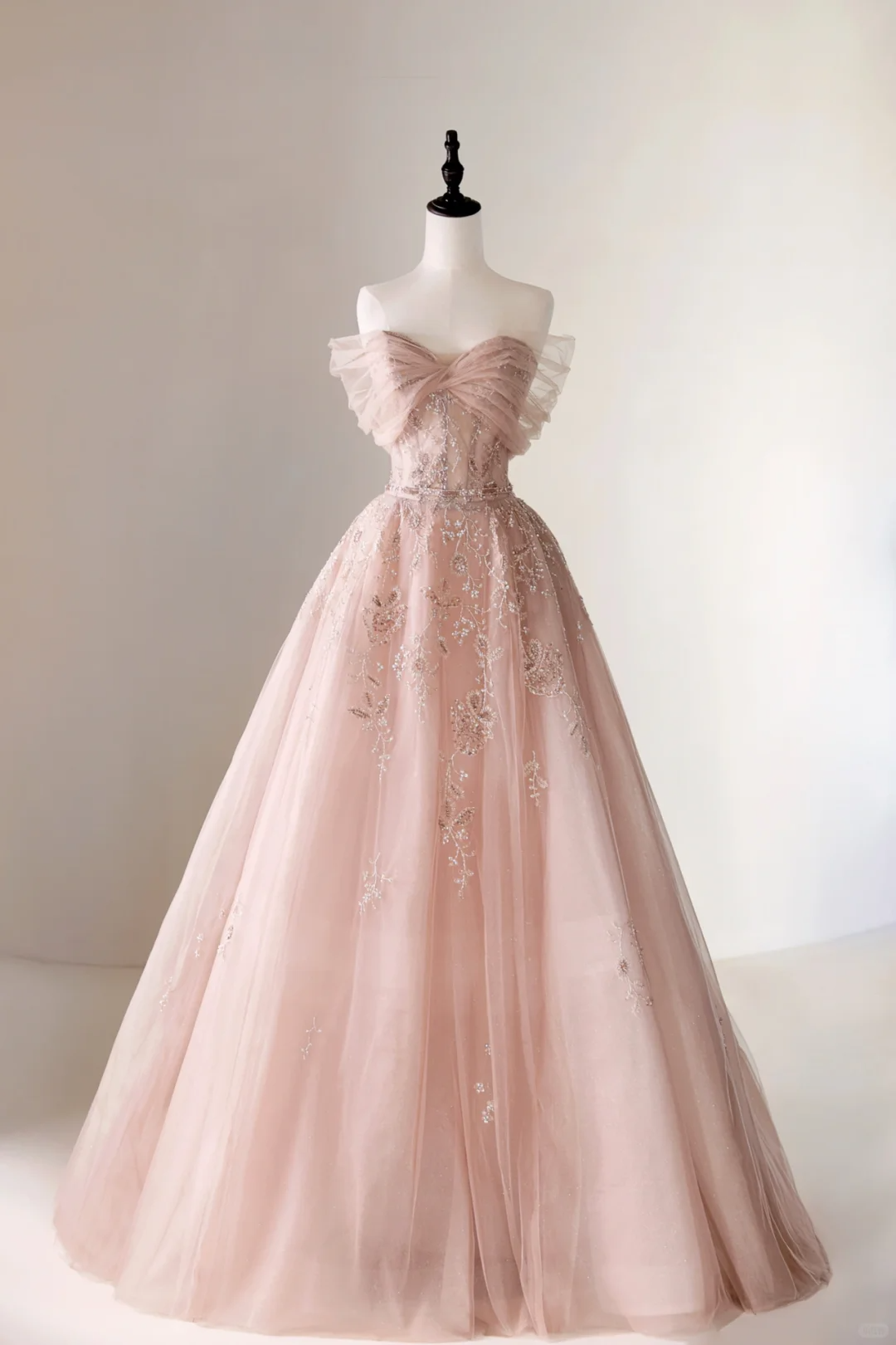 Elegantes Ballkleid mit schulterfreiem Ausschnitt aus rosafarbener Spitze und Tüll, langes Partykleid, Abendkleid AC005