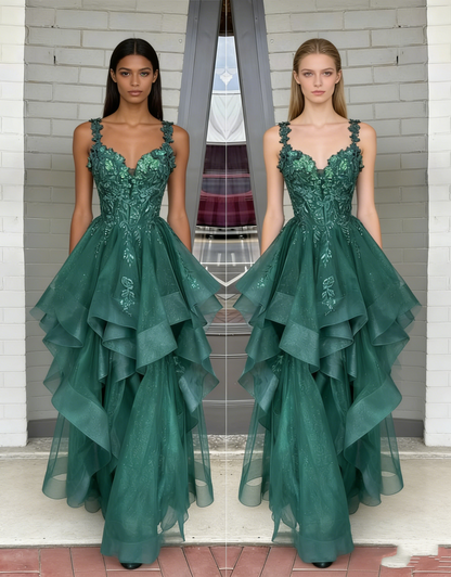 Elegantes Ballkleid mit herzförmigem Ausschnitt, smaragdgrünem Tüll und Spitzenapplikationen, langes Partykleid, Abendkleid AC011