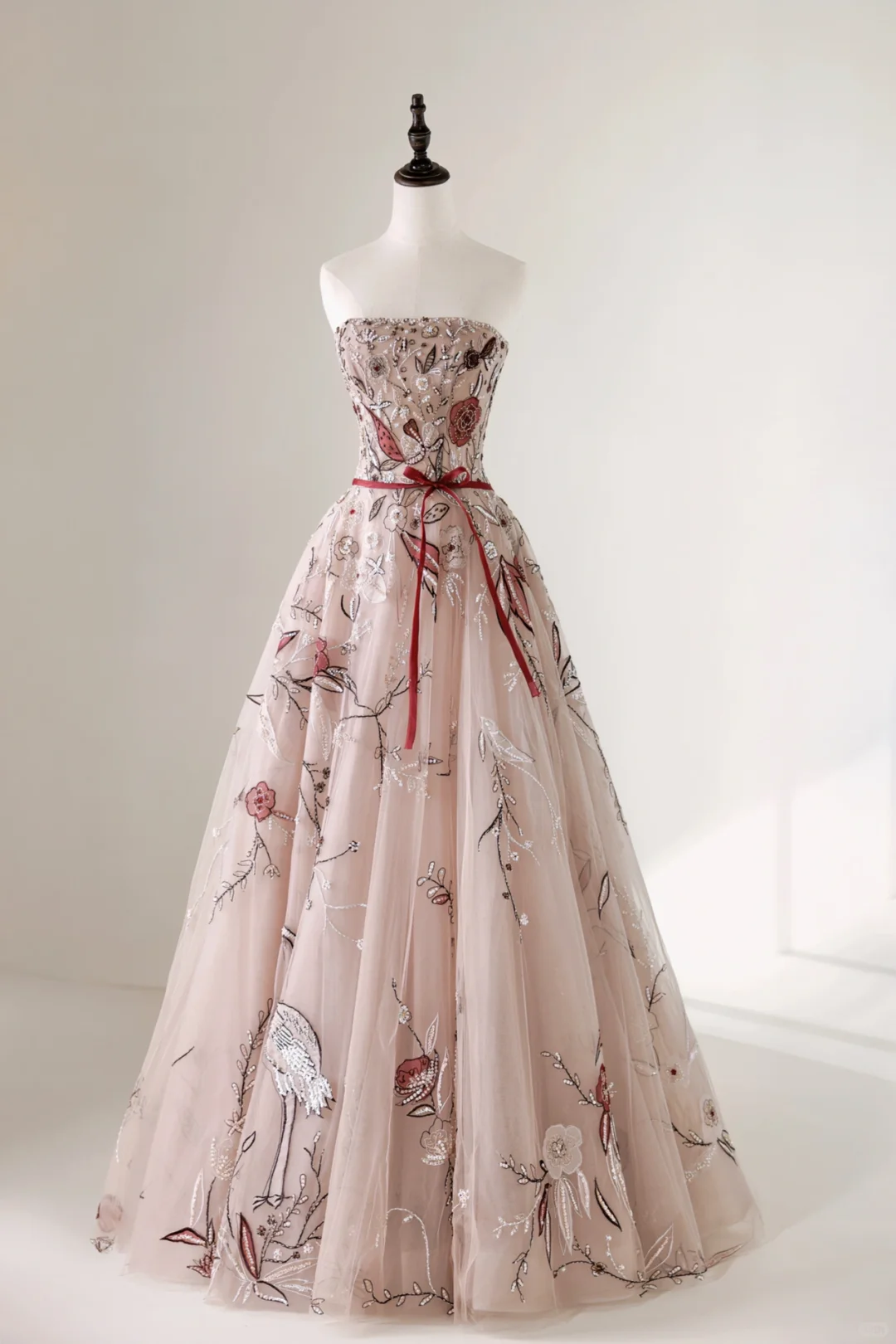 Elegantes, trägerloses Ballkleid aus rosa Tüll und Spitze, langes Partykleid, Abendkleid AC016