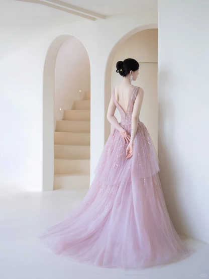 Elegantes, trägerloses Ballkleid aus schokoladenbraunem Tüll mit Perlenbesatz, langes Partykleid, Abendkleid AC027