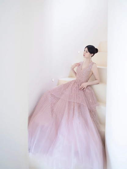 Elegantes, trägerloses Ballkleid aus schokoladenbraunem Tüll mit Perlenbesatz, langes Partykleid, Abendkleid AC027