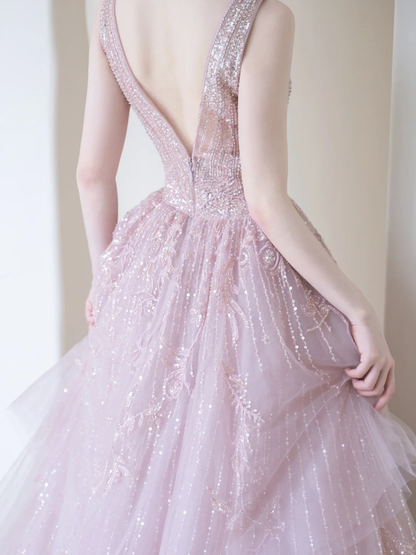 Elegantes, trägerloses Ballkleid aus schokoladenbraunem Tüll mit Perlenbesatz, langes Partykleid, Abendkleid AC027