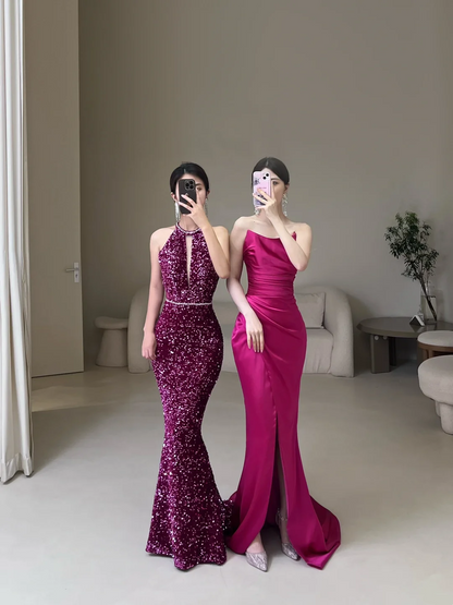 Robe de bal sirène bustier fuchsia à sequins, robe de soirée longue, modèle ACC27