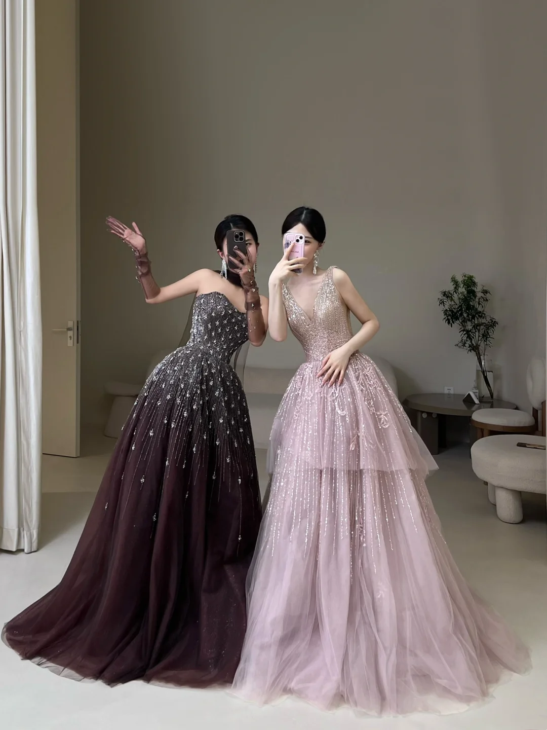Elegantes, trägerloses Ballkleid aus schokoladenbraunem Tüll mit Perlenbesatz, langes Partykleid, Abendkleid AC027