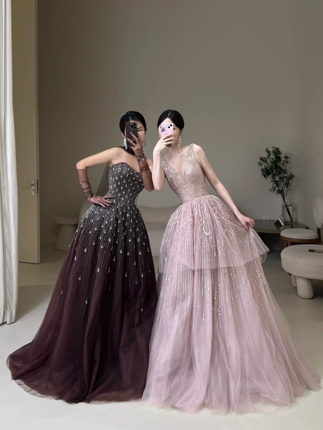 Elegantes, trägerloses Ballkleid aus schokoladenbraunem Tüll mit Perlenbesatz, langes Partykleid, Abendkleid AC027