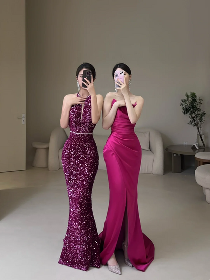 Robe de bal sirène bustier fuchsia à sequins, robe de soirée longue, modèle ACC27