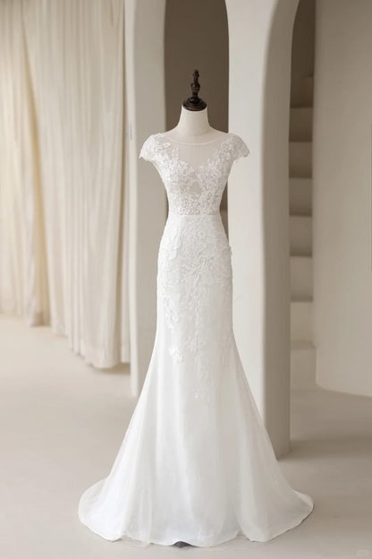 Luxuriöses Meerjungfrauen-Brautkleid für Damen mit U-Boot-Ärmeln, Spitze und Tüll, bodenlanger Schnitt, AC030