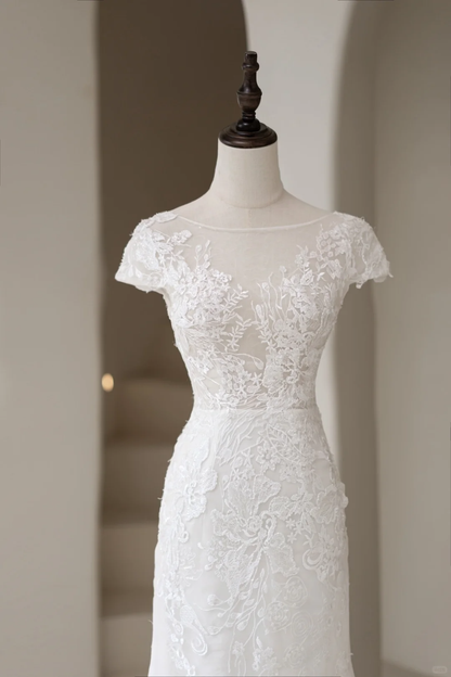 Luxuriöses Meerjungfrauen-Brautkleid für Damen mit U-Boot-Ärmeln, Spitze und Tüll, bodenlanger Schnitt, AC030