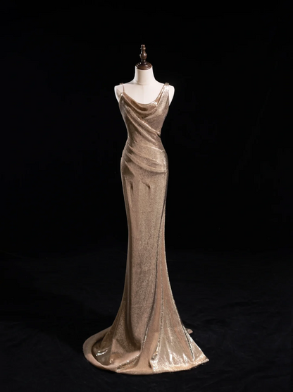 Elegantes, champagnerfarbenes Paillettenkleid im Meerjungfrauenstil für Damen – langes, formelles Ballkleid zum 22. Geburtstag (AC048)