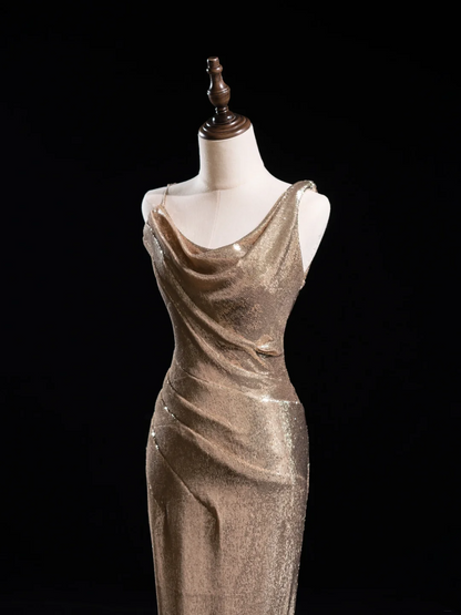 Elegantes, champagnerfarbenes Paillettenkleid im Meerjungfrauenstil für Damen – langes, formelles Ballkleid zum 22. Geburtstag (AC048)