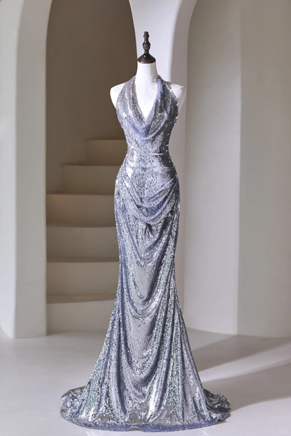 Robe de soirée sirène dos nu à sequins argentés pour femme, longue et élégante, idéale pour un bal de promo ou un 22e anniversaire (AC049)