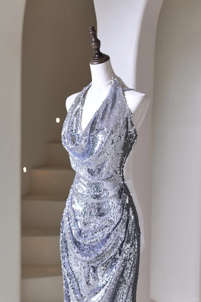 Robe de soirée sirène dos nu à sequins argentés pour femme, longue et élégante, idéale pour un bal de promo ou un 22e anniversaire (AC049)