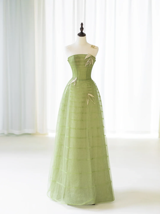 Elegantes, trägerloses Ballkleid aus salbeigrünem Tüll für Damen, langes, formelles Abendkleid, Ballkleid, Outfit zum 22. Geburtstag AC055