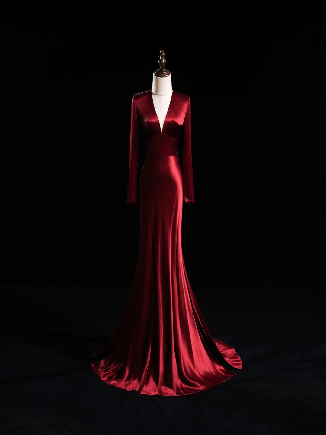 Modest Mermaid V Neck Long Sleeves Burgundy Satin For Women Party Dress Long Formal Prom Dresses 22th Birthday Outfits CX055