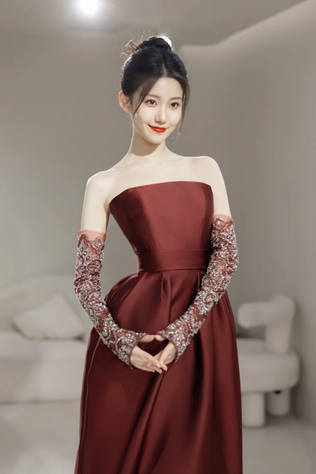 Robe de soirée sirène bustier modeste avec gants, manches longues, en satin bordeaux, idéale pour un bal de promo ou un 22e anniversaire (AC056)