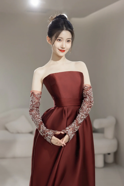 Robe de soirée sirène bustier modeste avec gants, manches longues, en satin bordeaux, idéale pour un bal de promo ou un 22e anniversaire (AC056)