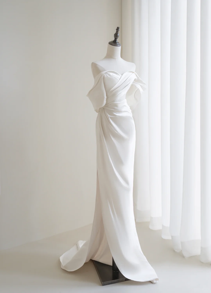 Brautkleid im Meerjungfrauenstil mit schulterfreiem Ausschnitt, Ärmeln und Schlitz, plissiert, bodenlang, für Damen, AC062