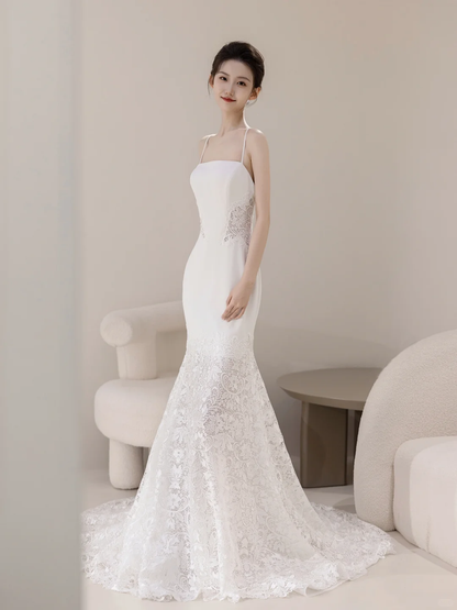 Robe de mariée sirène intemporelle pour femme, bretelles spaghetti, tulle blanc avec applications de dentelle, référence AC063
