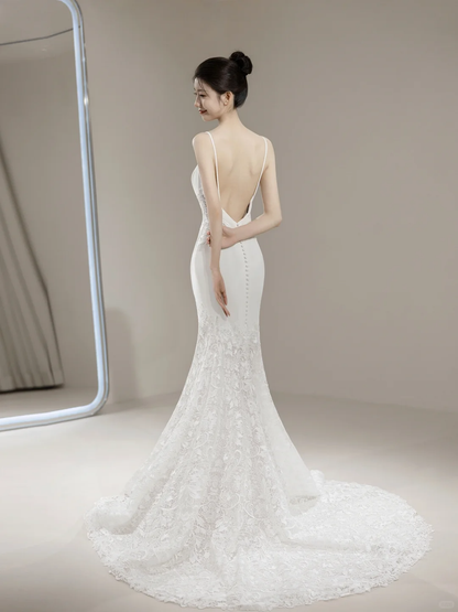 Robe de mariée sirène intemporelle pour femme, bretelles spaghetti, tulle blanc avec applications de dentelle, référence AC063