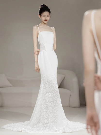 Robe de mariée sirène intemporelle pour femme, bretelles spaghetti, tulle blanc avec applications de dentelle, référence AC063