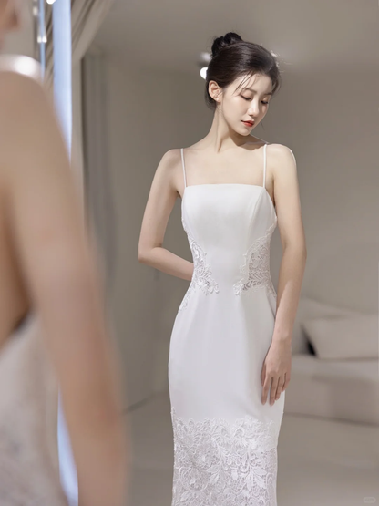 Robe de mariée sirène intemporelle pour femme, bretelles spaghetti, tulle blanc avec applications de dentelle, référence AC063