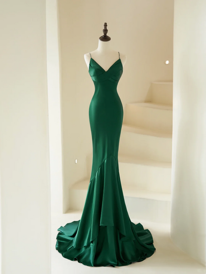 Elegantes Meerjungfrauen-Spaghettiträgerkleid mit Perlen, langes dunkelgrünes Satinkleid für Damen, Partykleid, formelles Ballkleid, Outfit zum 22. Geburtstag AC065