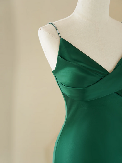Elegantes Meerjungfrauen-Spaghettiträgerkleid mit Perlen, langes dunkelgrünes Satinkleid für Damen, Partykleid, formelles Ballkleid, Outfit zum 22. Geburtstag AC065