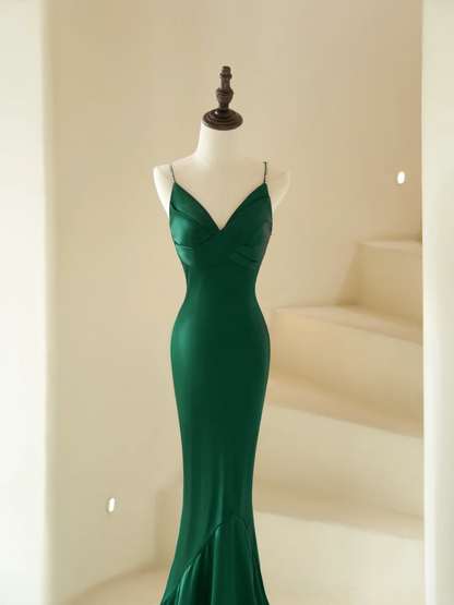 Elegantes Meerjungfrauen-Spaghettiträgerkleid mit Perlen, langes dunkelgrünes Satinkleid für Damen, Partykleid, formelles Ballkleid, Outfit zum 22. Geburtstag AC065