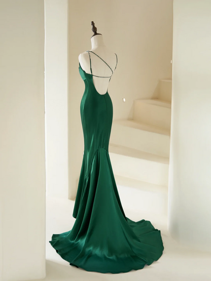 Elegantes Meerjungfrauen-Spaghettiträgerkleid mit Perlen, langes dunkelgrünes Satinkleid für Damen, Partykleid, formelles Ballkleid, Outfit zum 22. Geburtstag AC065