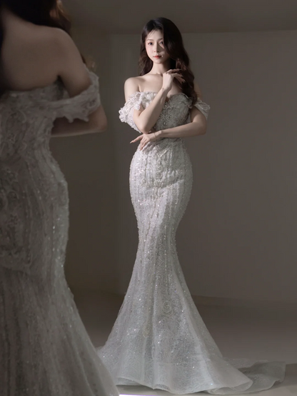 Robe de mariée sirène épaules dénudées à manches longues ornée de perles (AC066)