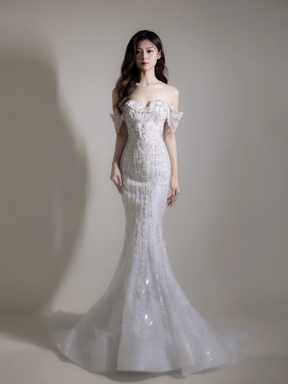 Robe de mariée sirène épaules dénudées à manches longues ornée de perles (AC066)