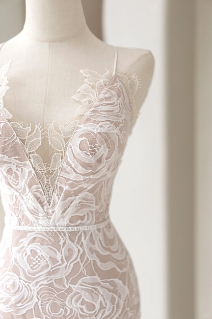 Zeitloses Meerjungfrauen-Brautkleid mit Spaghettiträgern aus champagnerweißer Spitze für Damen, Modell AC031