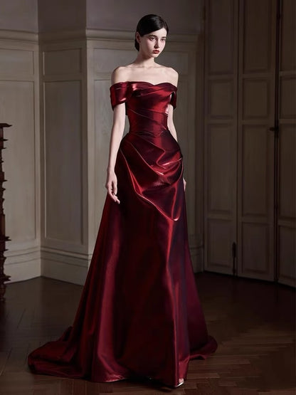 Robe de bal longue élégante en satin bordeaux, style sirène, épaules dénudées, AQ132