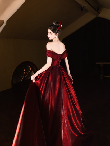 Robe de bal longue élégante en satin bordeaux, style sirène, épaules dénudées, AQ132