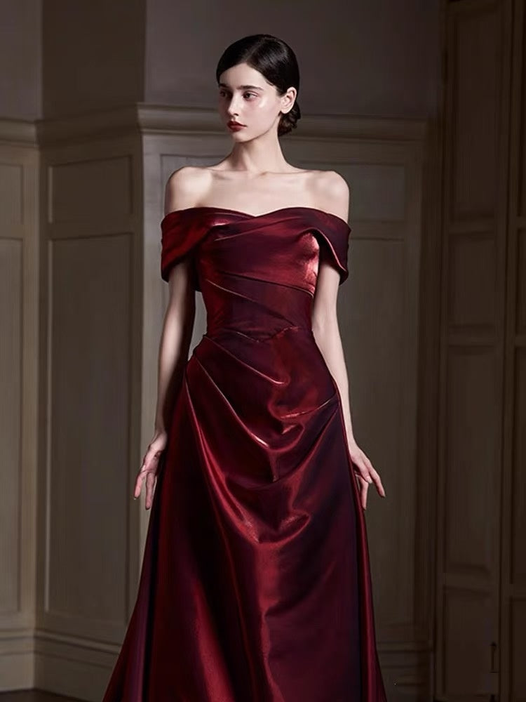 Robe de bal longue élégante en satin bordeaux, style sirène, épaules dénudées, AQ132
