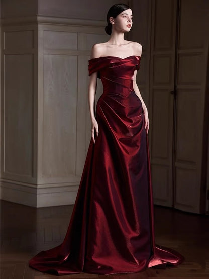 Robe de bal longue élégante en satin bordeaux, style sirène, épaules dénudées, AQ132