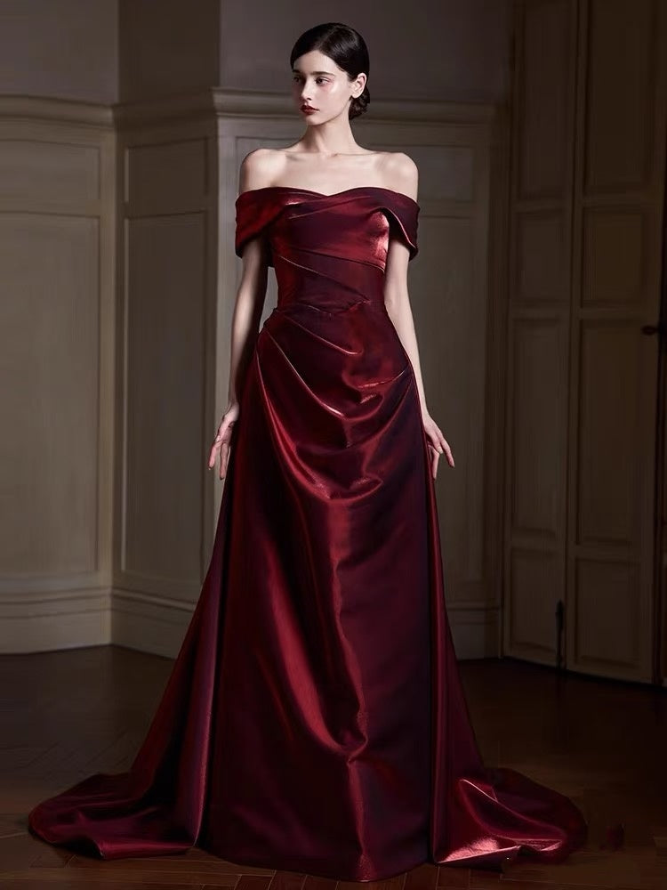 Robe de bal longue élégante en satin bordeaux, style sirène, épaules dénudées, AQ132