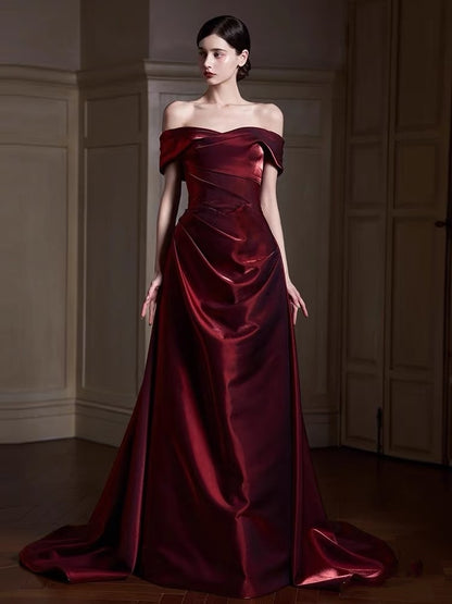 Robe de bal longue élégante en satin bordeaux, style sirène, épaules dénudées, AQ132