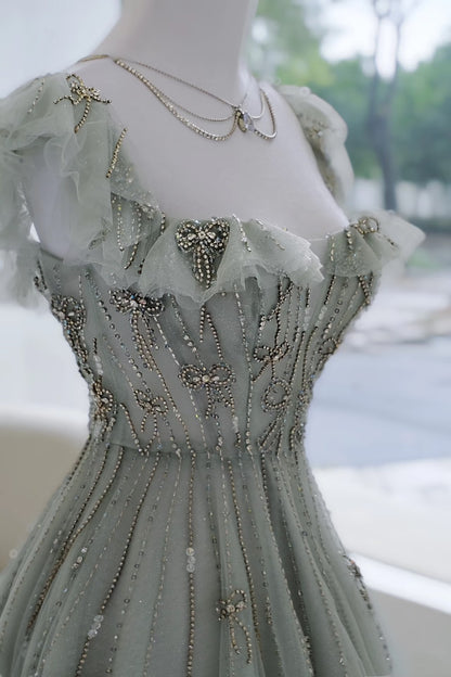 Robe de soirée longue élégante en tulle vert, coupe trapèze, col carré, style formel, idéale pour les bals de fin d'année et les dîners (AQ137)