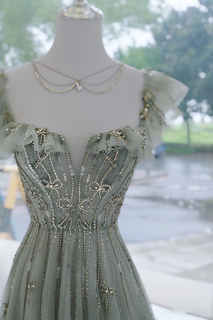 Robe de soirée longue élégante en tulle vert, coupe trapèze, col carré, style formel, idéale pour les bals de fin d'année et les dîners (AQ137)