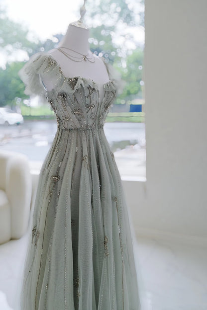 Robe de soirée longue élégante en tulle vert, coupe trapèze, col carré, style formel, idéale pour les bals de fin d'année et les dîners (AQ137)