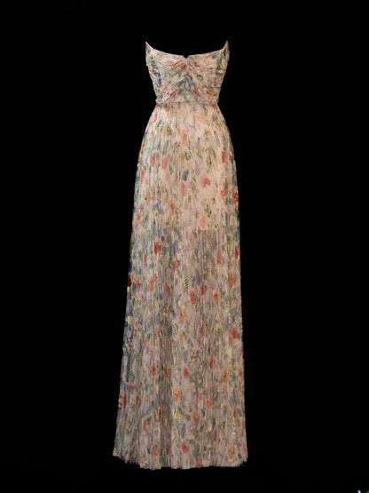 Robe de bal fleurie, bustier, plissée, longue et élégante, idéale pour les soirées formelles (SA001)