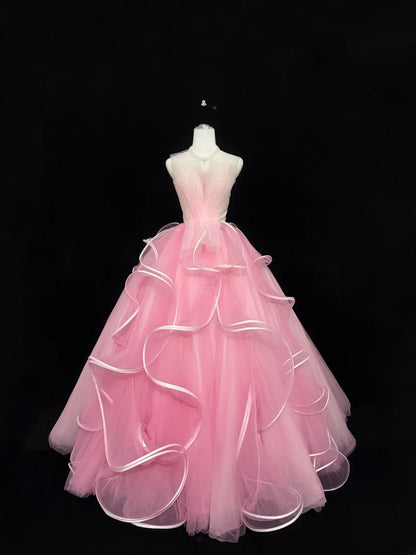 Princess Prom Dresses Ball Gown Strapless Pink Tulle Sweet 16 Evening Long Formal Dress RB7375